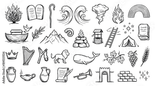 Large collection of hand-drawn biblical icons representing famous stories from the Old Testament in a simple black and white sketch style for religious and educational concepts