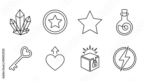 Set of fantasy game line icons featuring a crystal, star coin, magic potion, heart key, level up heart, mystery box, and energy bolt, drawn in a simple outline style
