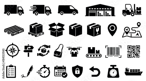 Set of black logistics and shipping icons featuring various symbols for delivery, transportation, and warehouse management, including a truck, package, forklift, and tracking elements