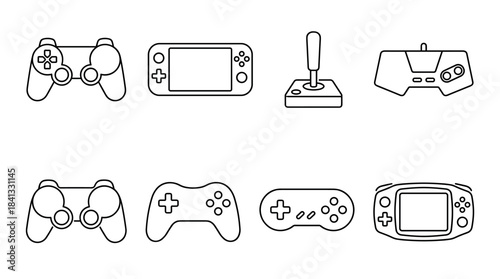 Collection of various video game controllers drawn in a simple black outline style, including gamepads, handheld consoles, and a classic joystick for retro and modern gaming concepts