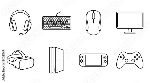 Set of gaming device line icons featuring a headset, keyboard, mouse, monitor, VR goggles, console, and controller for digital entertainment and esports concepts