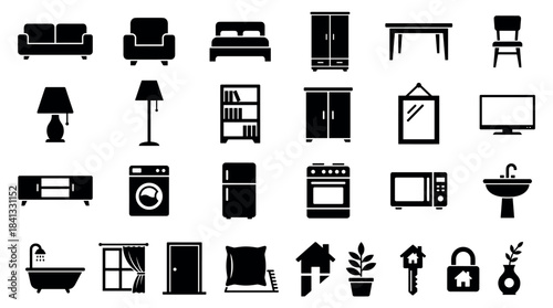 Large set of black furniture icons representing various household items and appliances for home interior design concepts, presented in a simple minimalist glyph style