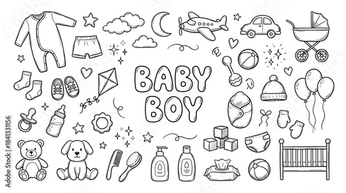 Hand-drawn baby boy doodle icon set with cute newborn clothes, toys, and care accessories in a charming sketch style for a baby shower or nursery theme