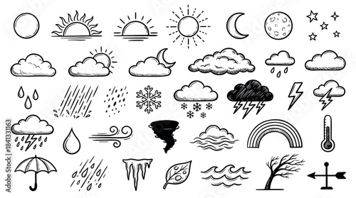 Hand-drawn weather forecast icon collection in a black and white doodle style, featuring meteorological symbols like sun, clouds, rain, snow, wind, storm, and seasonal elements