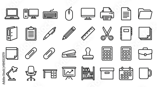 Large set of black outline office icons for business and stationery arranged in a grid, including computer, furniture, and document symbols in a minimalist linear style