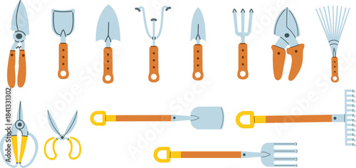 Garden tool set. Vector illustration of gardening elements: spring agricultural equipment, shovel, rake, spade, fork, scissors, and pruner. Gardening, agriculture, and ecology.
