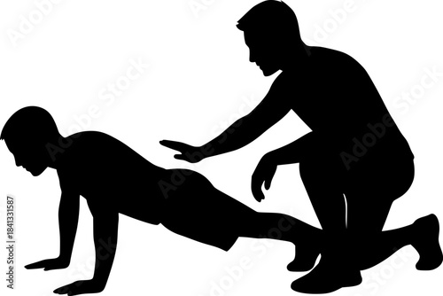 Fitness Coach Silhouette, Teaching Beginner Push-Up Form with Dual Figures