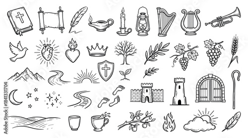 Large set of hand-drawn biblical icons and Christian symbols in a black and white doodle style, featuring a bible, cross, dove, heart, crown, and other religious elements