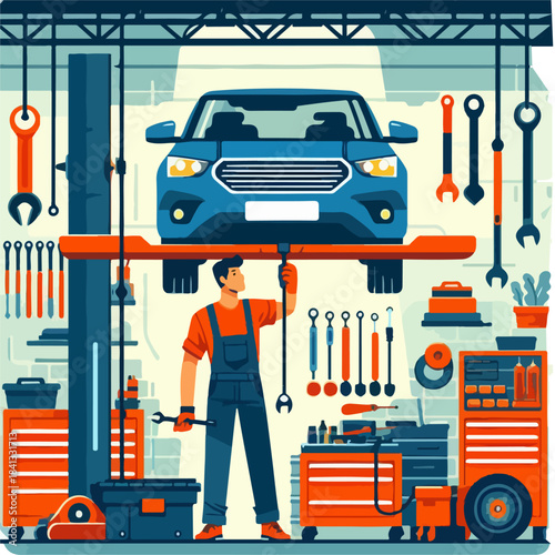 vector illustration of Mechanic under car lift