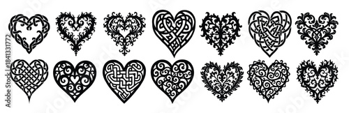 Collection of black ornate heart shapes with filigree and knotwork