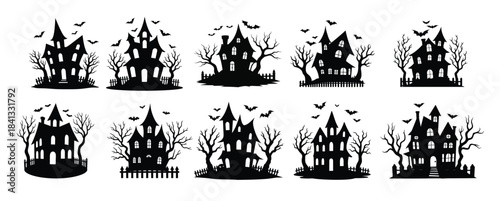 Collection of black silhouette haunted houses with bats and bare trees