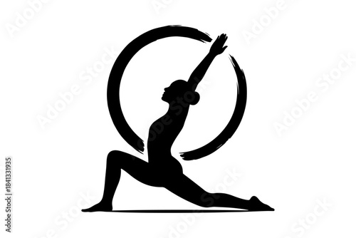Silhouette of a woman in a yoga pose, stretching gracefully within a circular frame, symbolizing balance and inner peace