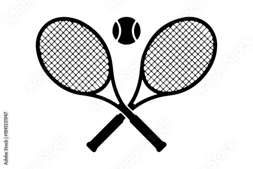 Dynamic athletic equipment graphic featuring two crossed rackets and a spherical ball, symbolizing competitive spirit, recreational play, and sporting achievement for various design projects