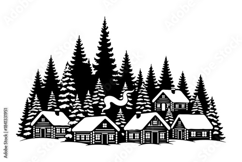 Charming winter village scene surrounded by snow-covered pine trees, featuring quaint log cabins with smoke rising from chimneys, evoking a cozy and serene holiday atmosphere