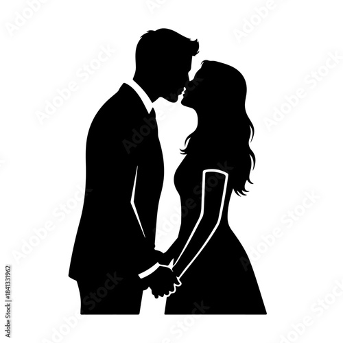 Romantic silhouette of a couple sharing a tender kiss and holding hands, symbolizing deep affection, intimate connection, and lasting partnership. This graphic evokes everlasting love