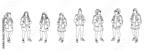 CAD top view of students, layered outfits, backpacks with straps, hoodie folds, jacket seams, skirt pleats, hair volume, shoe structure. Vector illustration