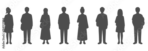 CAD top view vector drawing of students silhouette with different school uniform styles- shirts with ties, sweaters, jackets, pleated skirts, trousers, backpacks.