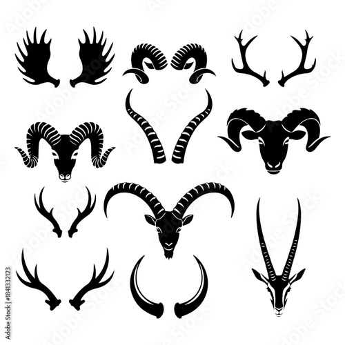 Diverse array of animal horns and graceful antlers in bold black silhouettes, perfect for wildlife, hunting, and nature-themed designs, emblems, and decor