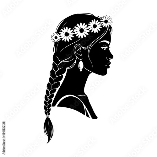 Elegant silhouette of a young woman with a long braided hairstyle, gracefully adorned with a delicate daisy flower crown, embodying natural beauty and serene femininity in profile