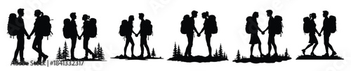 Couples holding hands with backpacks on white background