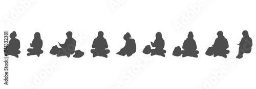 Top view CAD line drawing of students silhouette sitting on floor separately in different study poses - legs crossed, leaning forward, reading books. Vector illustration