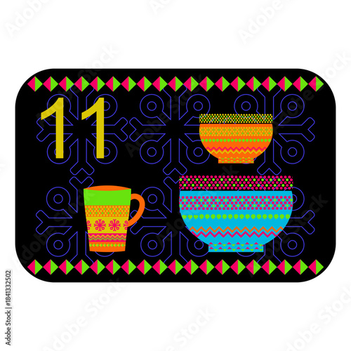 Neon colors Norwegian advent calendar illustration in flat vector style with celebrate symbol and ethnic ornament. Cups