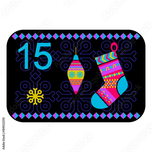 Neon colors Norwegian advent calendar illustration in flat vector style with celebrate symbol and ethnic ornament. Christmas toys and socks