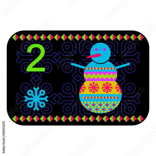 Neon colors Norwegian advent calendar illustration in flat vector style with celebrate symbol and ethnic ornament. Snowman