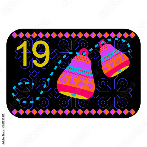 Neon colors Norwegian advent calendar illustration in flat vector style with celebrate symbol and ethnic ornament. Bells