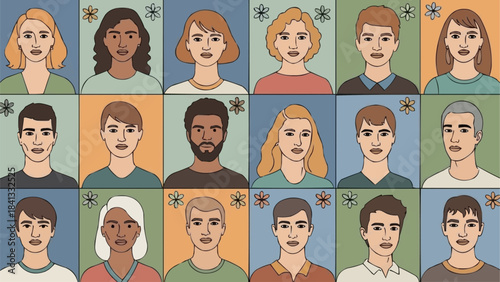 Diverse Group of People Portraits with Varying Ethnicities and Hairstyles.