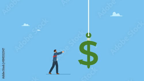 Greedy businessman investor running to catch money US Dollar sign with hidden phishing bait. Financial fraud, illegal investment scam or ponzi scheme stealing money from greedy people. 
