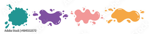 four colorful liquid paint splatters in purple orange teal