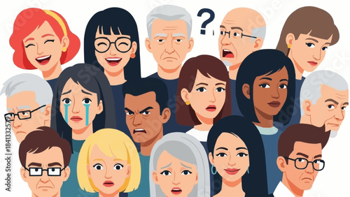 Diverse group of people displaying a wide range of emotions and expressions.