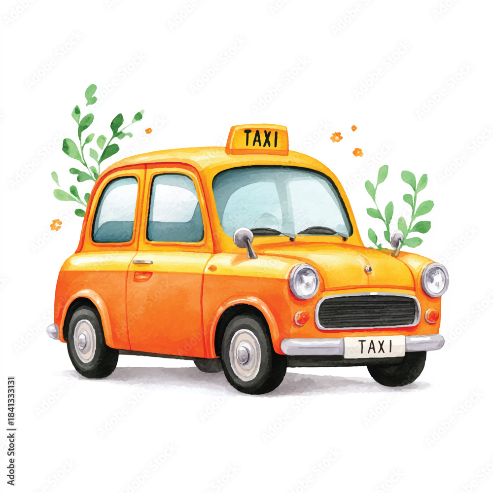 Obraz premium Watercolor Orange Taxi Car Illustration
