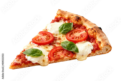 A delicious slice of margherita pizza with tomato and mozzarella