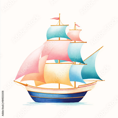 Whimsical Watercolor Sailboat Illustration, Pastel Nautical Ship Art