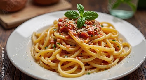  Spaghetti carbonara (Italy) served authentically on a plate
