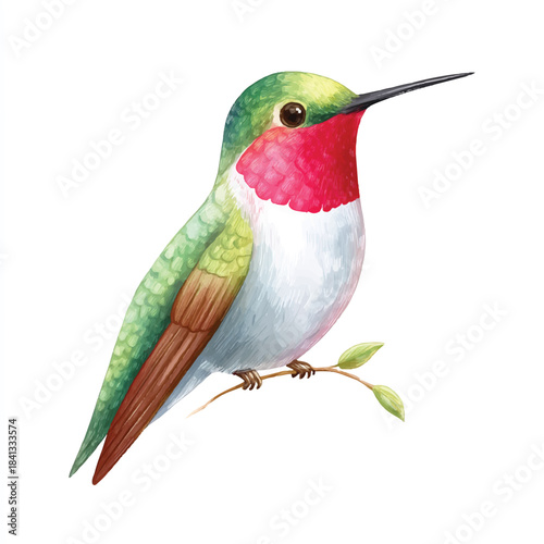 Vibrant Watercolor Hummingbird Perched on Branch Illustration