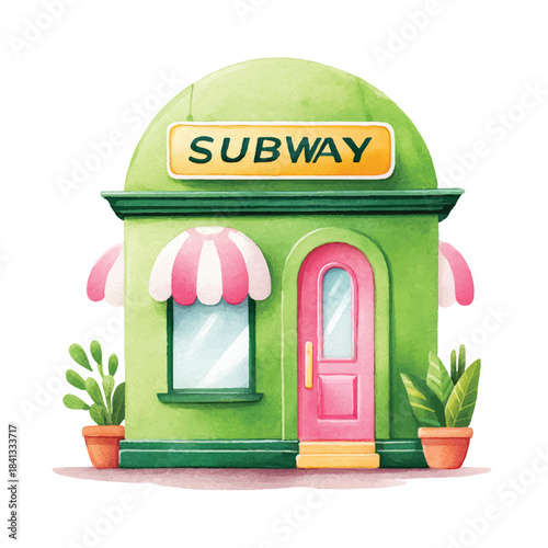 Vibrant Watercolor Subway Restaurant Storefront Illustration