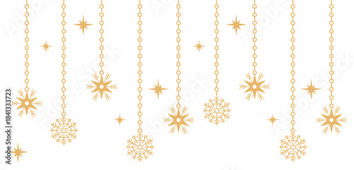 Minimal Golden Stars and Snowflakes Hanging Garland isolated