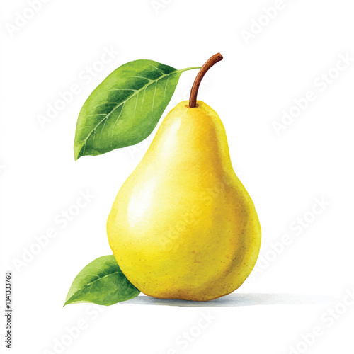 Vibrant Yellow Pear Fruit with Green Leaves Watercolor