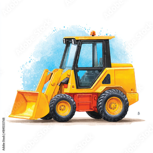 Vibrant Yellow Skid Steer Loader Construction Vehicle Watercolor