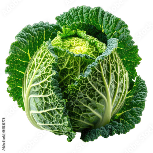 A vibrant head of Savoy cabbage isolated on a solid black background.
