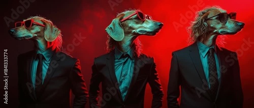 Three stylish dogs in suits and sunglasses red background fashion photoshoot