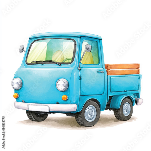 Vintage Blue Pickup Truck Watercolor Illustration