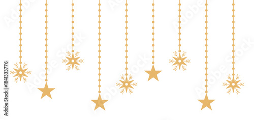 Minimal Golden Stars and Snowflakes Hanging Garland Vector