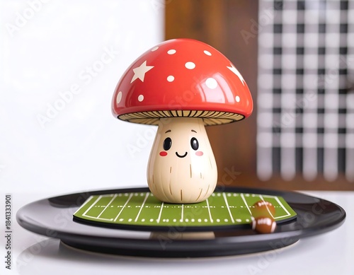 Cute mushroom figurine on a football field plate