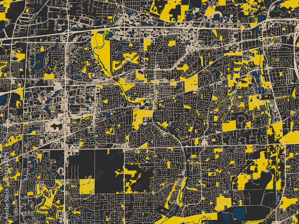 Fototapeta premium Poster-style map of Naperville, Illinois using dark map with yellow accents