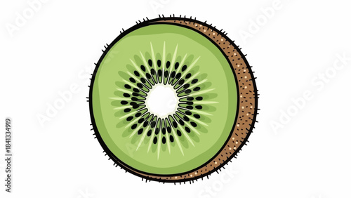 Close up of a fresh kiwi fruit slice showing its vibrant green flesh and black seeds.