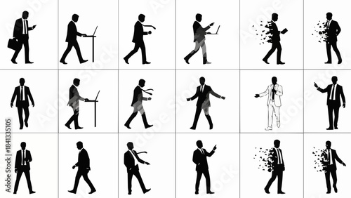 Collection of Silhouettes of Businessmen in Various Poses and Actions.